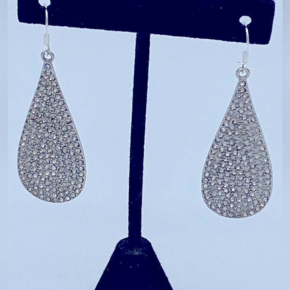Silver Toned Tear Drop Pave Rhinestone Dangle Earrings  2 1/2” long